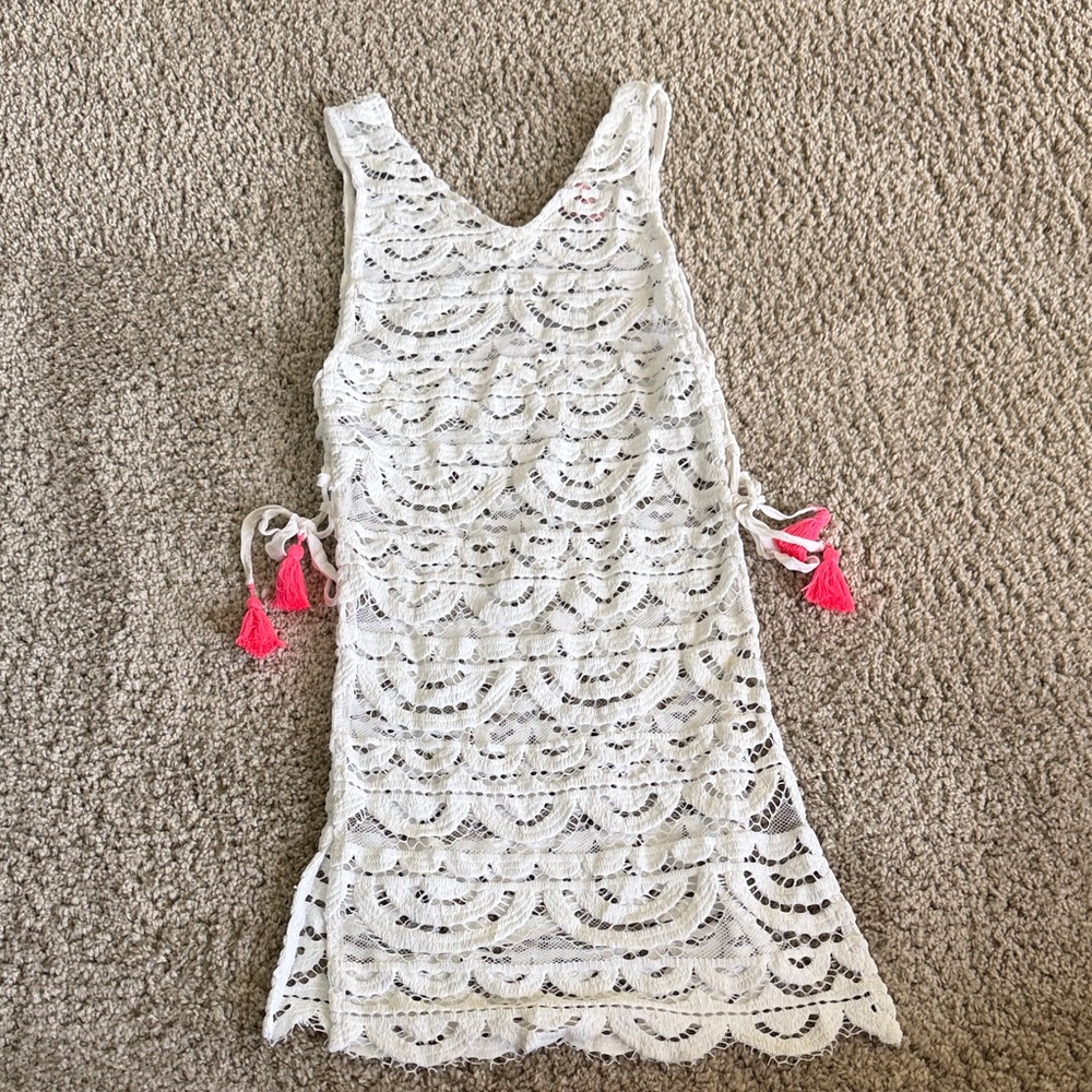 PQ Swim girls White Lace Cover-Up with Pink tassel Accents